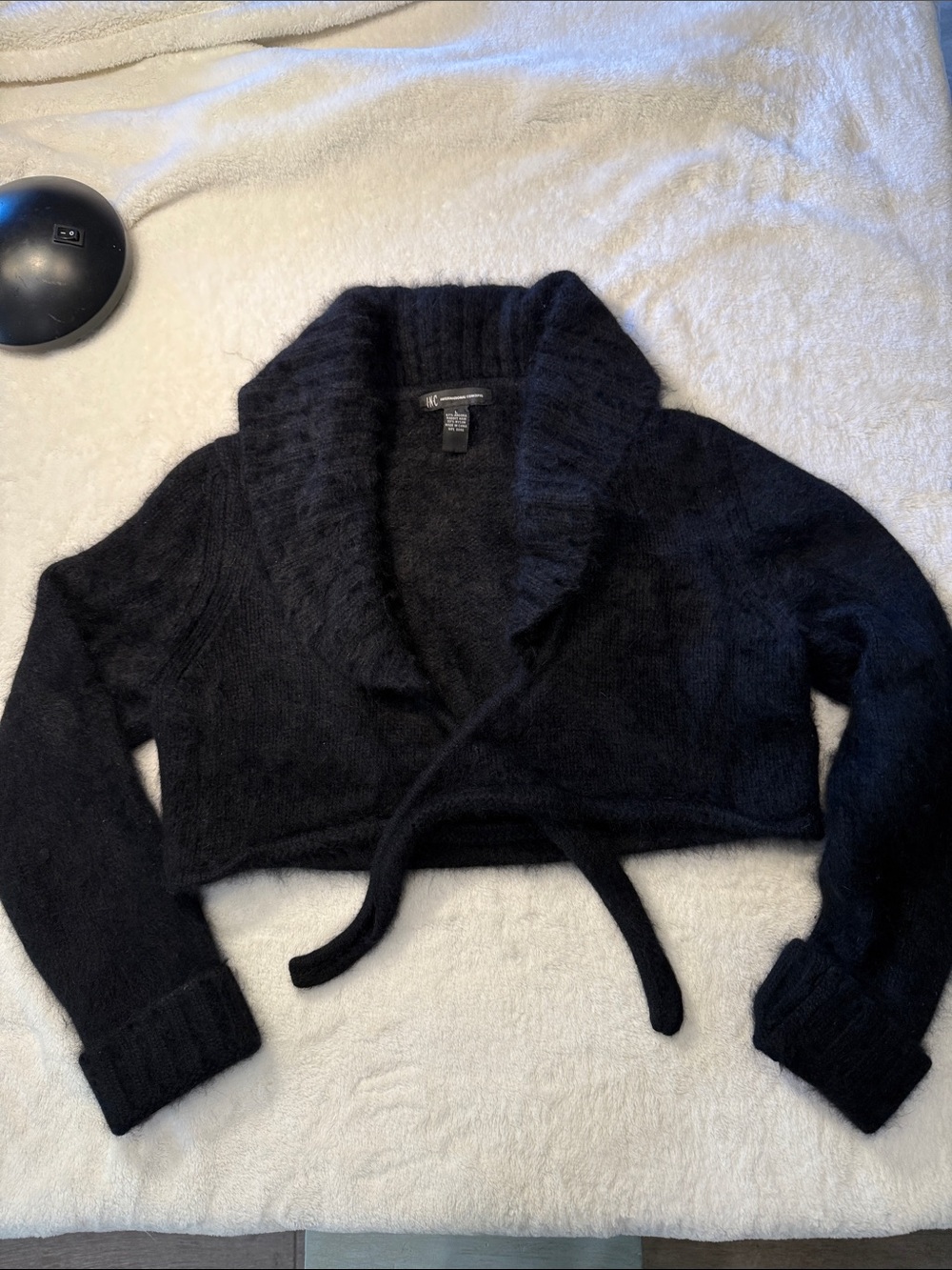 INC International Concepts Black Cropped Shawl Collar Angora Tie-Front Cardigan